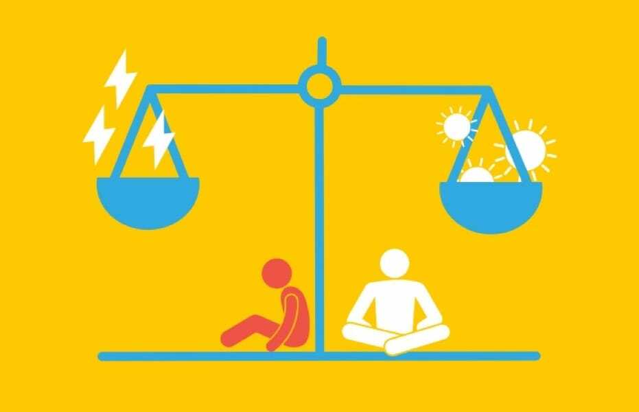 SAn illustration of two humans sitting below a set of blue evenly weighted scales, against a yellow background.