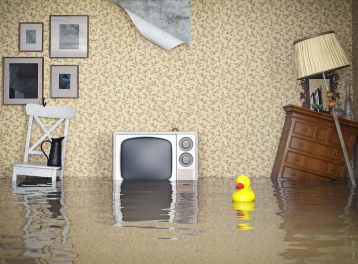 flooded lounge room with old-style TV, furniture & floating rubber duck in foreground